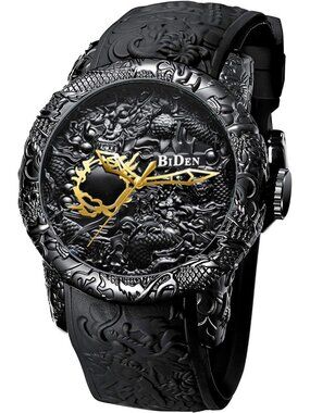 Men's Black Analog Quartz Big Dial 3D Sculpture Dragon Round Luxury Wrist Watch